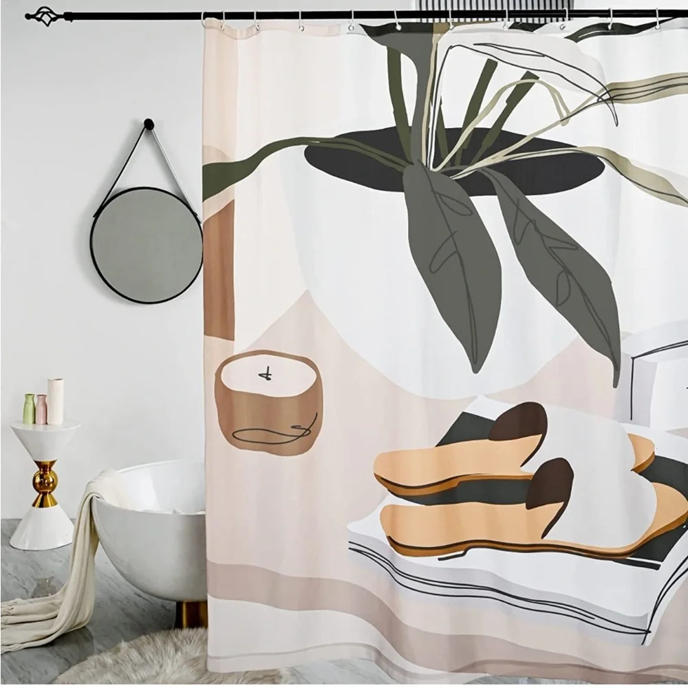 Abstract Shower Curtain, Boho Shower Hooks, Plant Leaves Pattern Boho Fabric 72”
